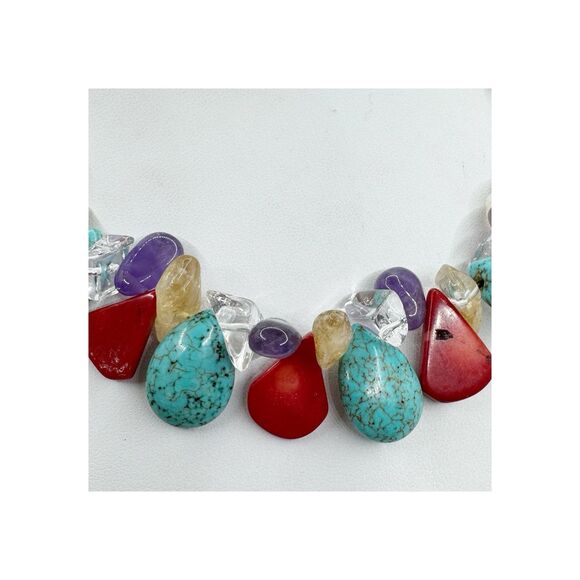 Turquoise Coral Amethyst Stone Collar Necklace Sterling Silver Southwest Boho - Picture 5 of 13